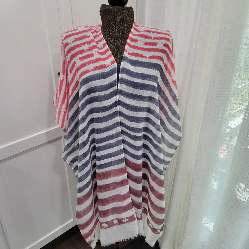 Patriotic Lightweight Gauzy Kimono Fringe edges OSFM